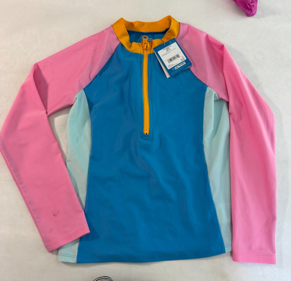 DSG Girls Long Sleeve Rash Guard Aqua Blue Pink Quarter Zip Swim Top Size M